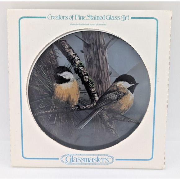 Glassmasters Stained Glass Art Sun Catcher Red Pine & Chickadees J. Hautman - Picture 1 of 7